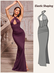 Elegant Halter Mermaid Evening Gown Pleated Maxi Dress