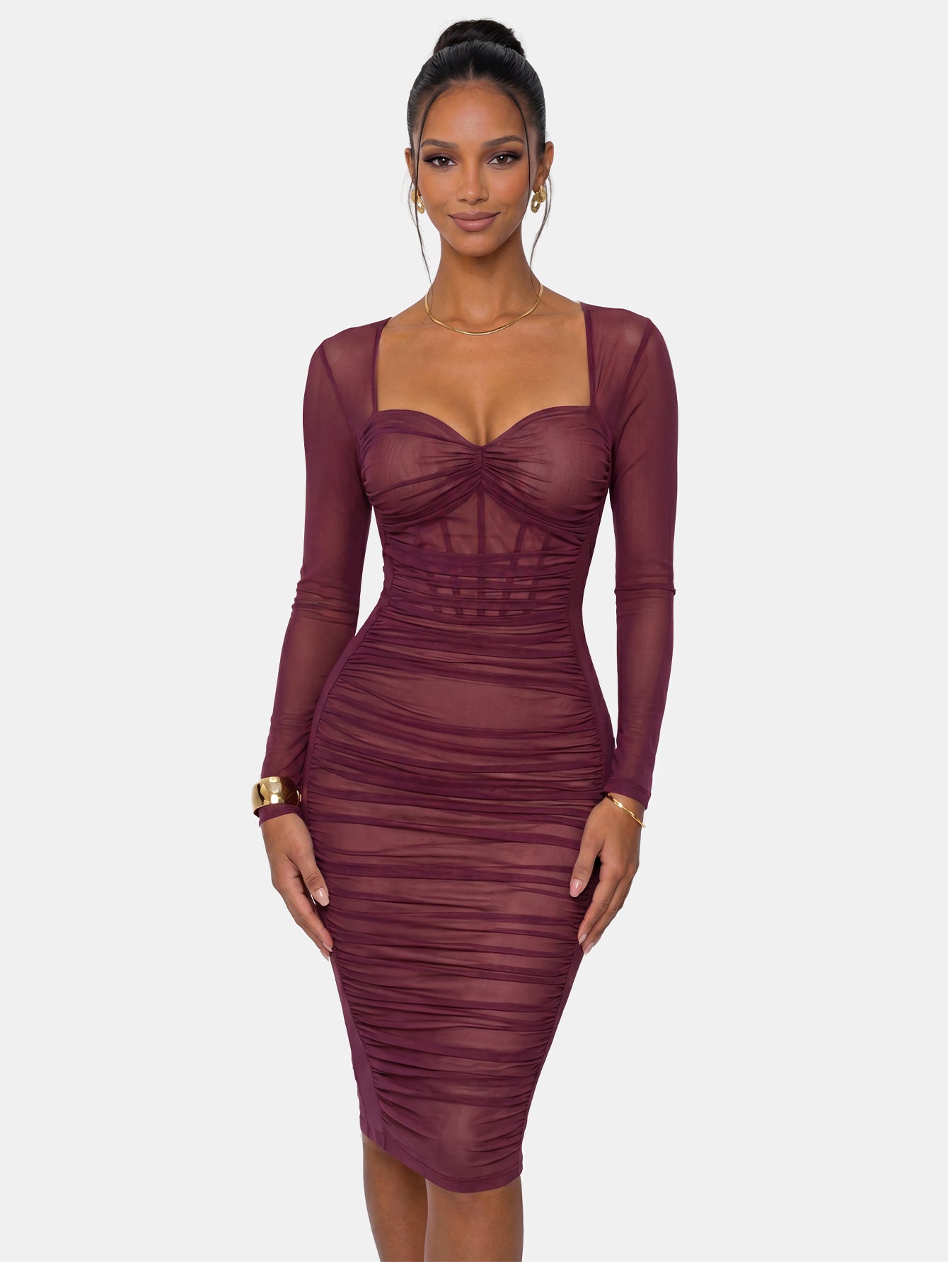 midi dress long sleeve open back Mesh White / L Size:XS (Chest 11.0