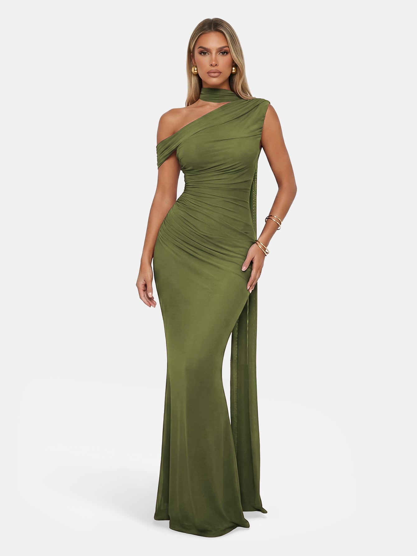 one shoulder long sleeve green dress Trumpet/Mermaid Mother Of The Bride Feather Dresses with One Shoulder Long Sleeves Chiffon Peacock main image 1