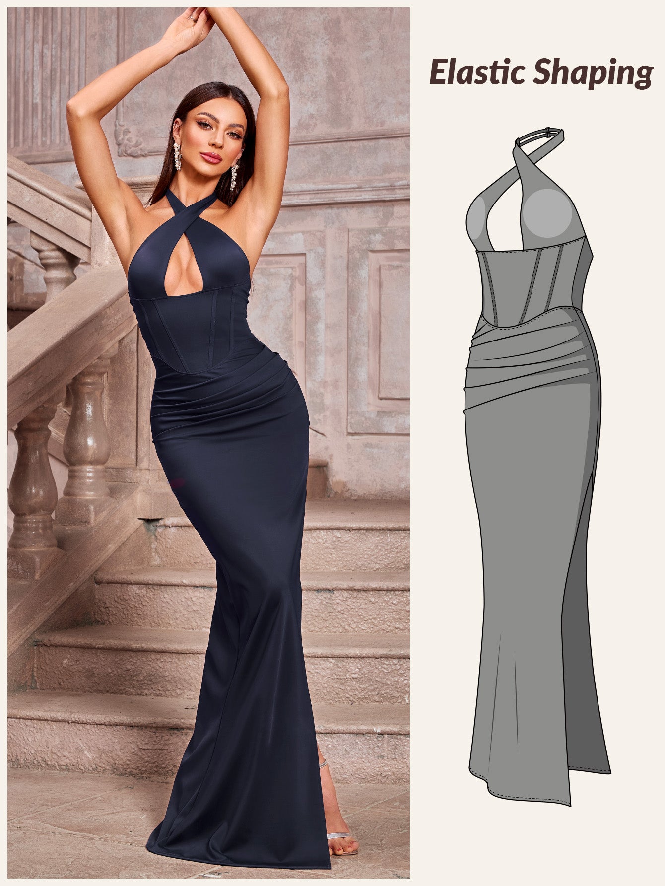 Elegant Halter Mermaid Evening Gown Pleated Maxi Dress