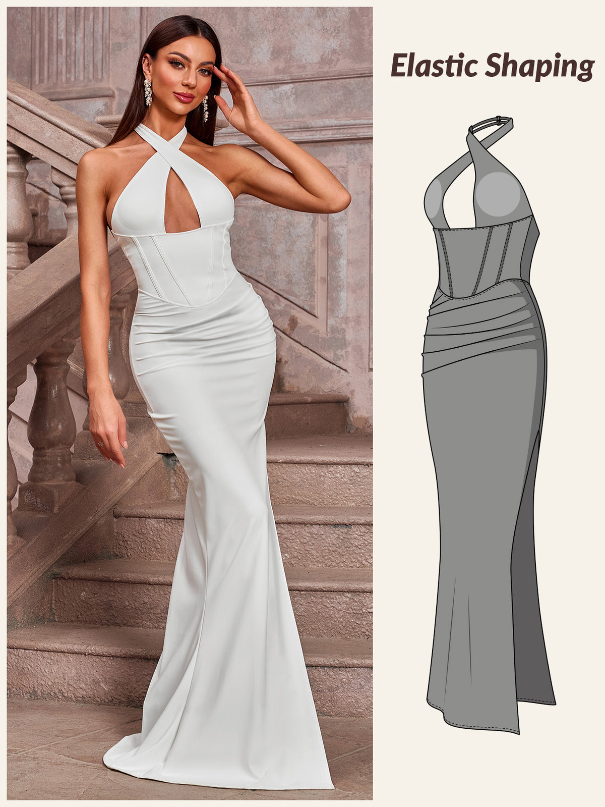 Elegant Halter Mermaid Evening Gown Pleated Maxi Dress