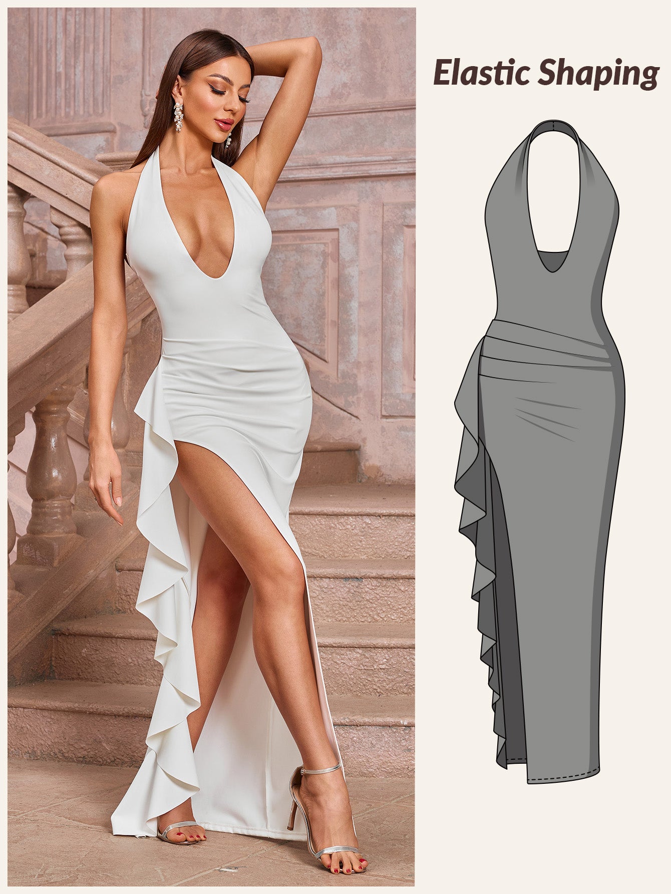 Plunge Neckline Pleat Shapewear Dress