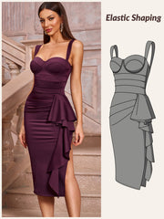 Elegant Bustier Bodycon Midi Cascading Ruffle  Dress