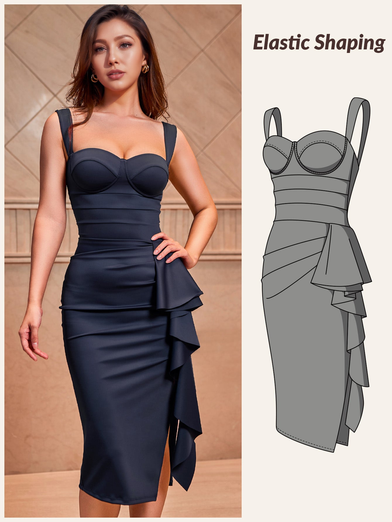 Elegant Bustier Bodycon Midi Cascading Ruffle  Dress