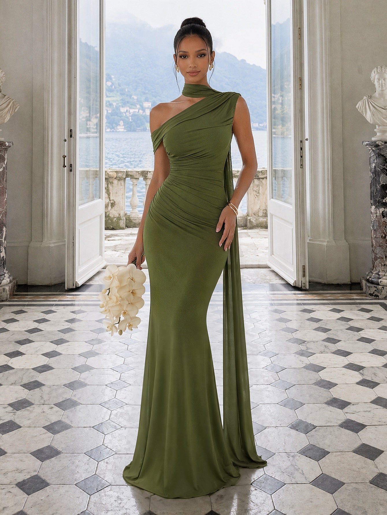 olive green one shoulder dress Katrin Ruched Maxi blue ombre Dark Olive One Shoulder Ruched